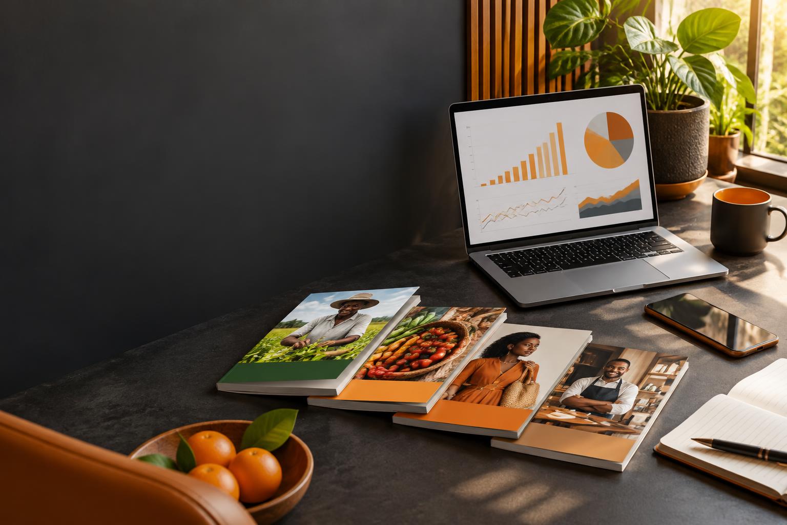 Mesa de trabalho com computador e guias digitais de agricultura, gastronomia e negócios